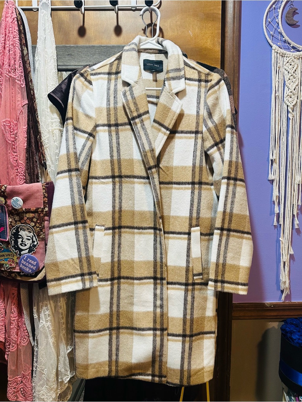 Love Tree Plaid Pea Coat in Beige and White